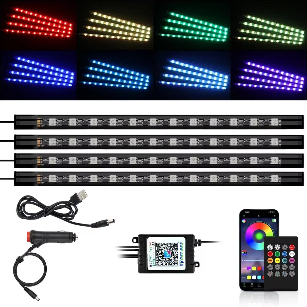 Car RGB Ambient Light LED Auto Foot Strips with USB Cigarette Automotive Interior Lights Strip Decoration Bar Control